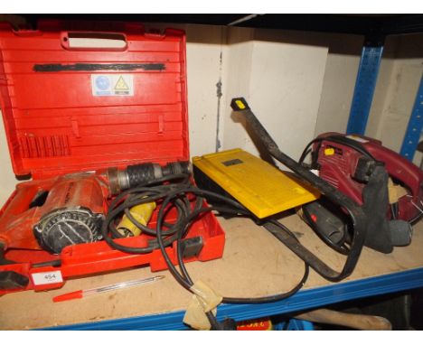 A CASED HILTI DRILL TOGETHER WITH A POWER DEVIL SANDER, JIGSAW ETC