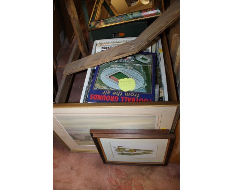 A TRAY OF BOOKS TO INCLUDE AUTOBIOGRAPHIES TOGETHER WITH A WATERCOLOUR AND TWO PRINTS 