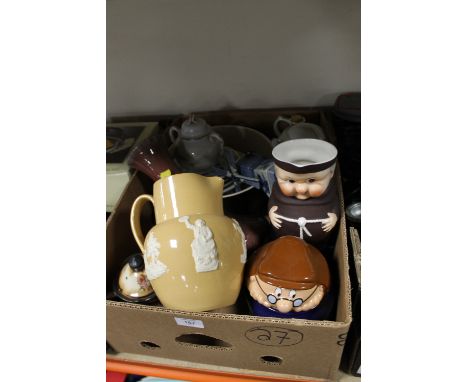 A TRAY OF CERAMICS TO INCLUDE A WADE TETLEY COOKIE JAR, GOEBEL MONK JUG ETC.