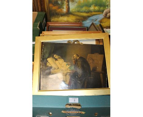 A BOX OF ASSORTED PICTURES AND PRINTS TO INCLUDE A MIRROR