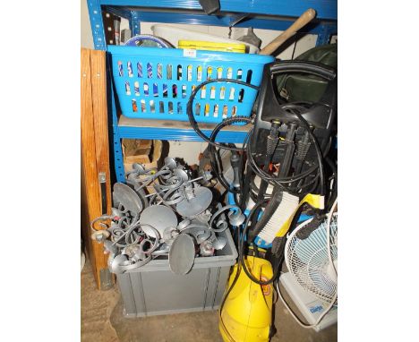 A QUANTITY OF PAINTING TOOLS, CANDELABRAS, ELECTRONICS ETC, TO INC A PASTING TABLE, FAN, KARCHER PRESSURE WASHER ETC