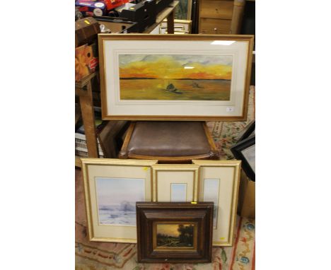 A SELECTION OF PICTURES AND PRINTS TO INCLUDE A SIGNED LANDSCAPE DEPICTING BOATS BY JOHN STOKES (1964)
