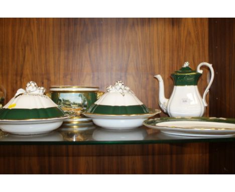 A PAIR OF SPODE GREEN AND WHITE GILDED TUREENS PLUS MATCHING COFFEE POT AND SMALL MEAT PLATE AND A SIMILAR PLANTER (5)