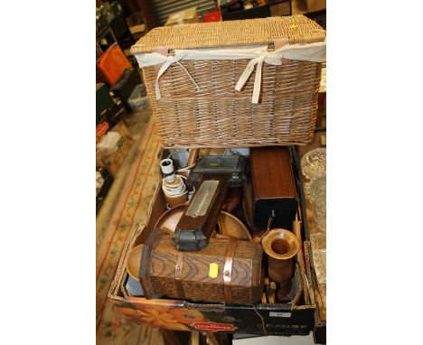 A TRAY OF TREEN TO INCLUDE A BAROMETER, WICKER BASKET ETC.