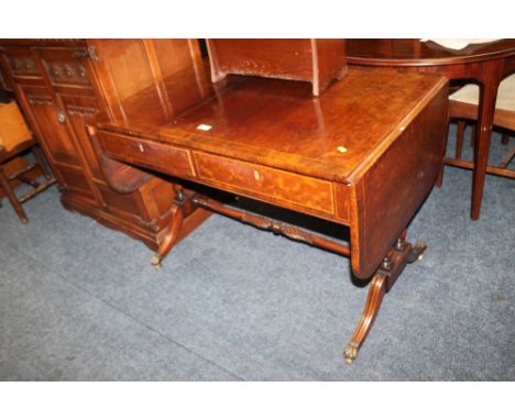 A 19TH CENTURY MAHOGANY SOFA TABLE WITH SATINWOOD STRINGING