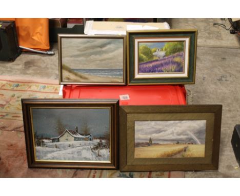 FOUR OIL PAINTINGS SEASCAPE, COUNTRY COTTAGE IN WINTER, CORN FIELD AND LAVENDER FIELDS 