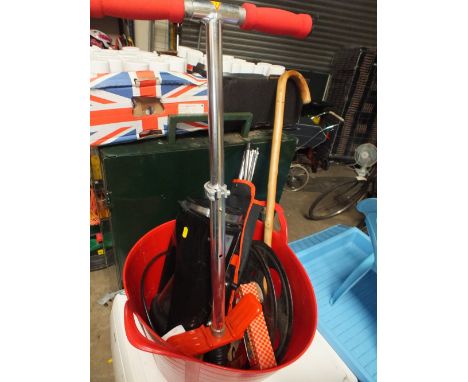 A BASKET TO INCLUDE POGO STICK, COFFEE MACHINE, MUSIC STAND ETC