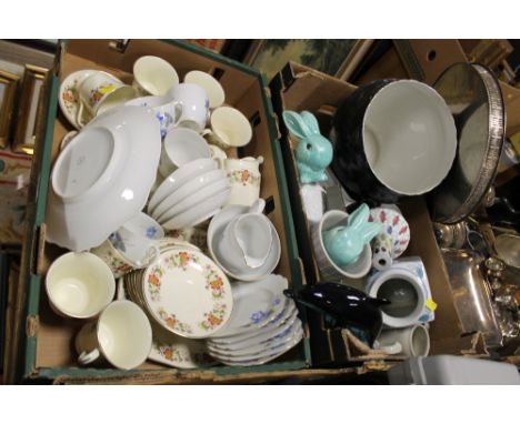 TWO TRAYS OF CHINA AND CERAMICS TO INCLUDE A POOLE DOLPHIN, FLORAL JARDINAIRE ETC.