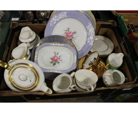 A TRAY OF ASSORTED GILDED CHINA TO INCLUDE ROYAL DOULTON, SPODE, AYNSLEY ETC.