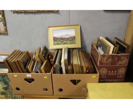 3 BOXES OF ASSORTED WATERCOLOURS, OIL PAINTINGS AND PRINTS (64 APROX)