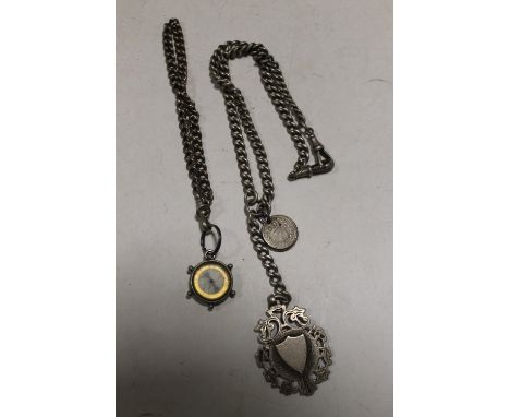 A HALLMARKED SILVER POCKET WATCH CHAIN WITH SILVER FOBS TOGETHER WITH ANOTHER WITH COMPASS FOB