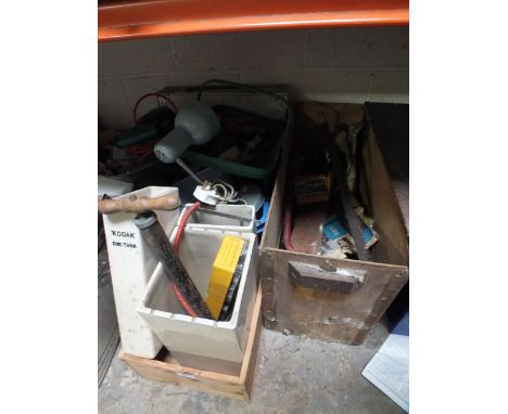 A QUANTITY OF TOOLS ETC TO INC A QUALCAST HEDGE TRIMMER, A SMALL FOLD UP TABLE ETC