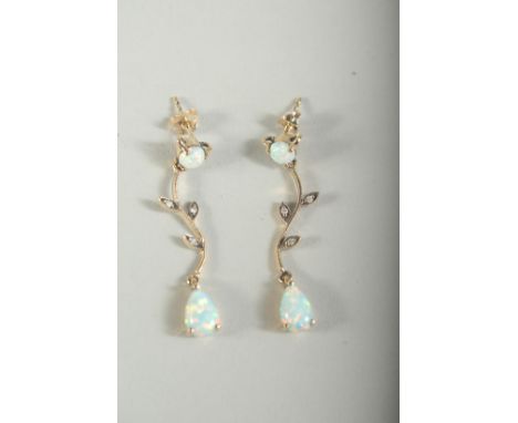 A GOOD PAIR OF 9CT GOLD, OPAL AND DIAMOND DROP EARRINGS, boxed.