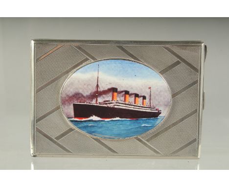 AN .800 ENGINE TURNED SILVER CIGARETTE CASE. 7cms x 11cms. Weight 132 grams. The lid with an oval plaque depicting "THE TITAN