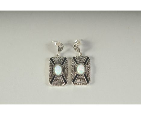 A PAIR OF SILVER, ONYX AND OPAL DECO STYLE EARRINGS, boxed.