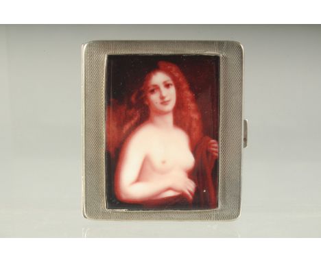 A GOOD ENGINE TURNED SILVER CIGARETTE CASE. 8cms x 7cms. Birmingham 1831. Weight 123 grams. The lid with a nude with long, fl