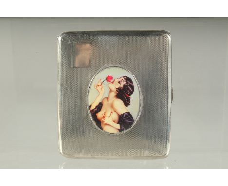AN ENGINE TURNED SILVER CIGARETTE CASE. 9cms x 8cms. Birmingham 1939. Weight 116 grams. The lid with an oval enamel of a glam