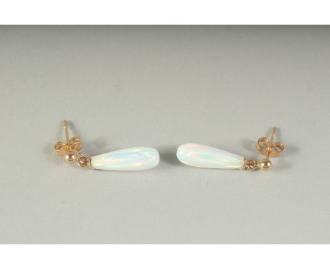 A PAIR OF 9CT GOLD TEAR DROP OPAL EARRINGS, boxed.