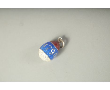 A RUSSIAN SILVER BLUE ENAMEL 1794 - 1894 EGG PENDANT.