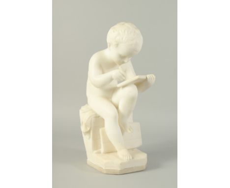 ITALIAN SCHOOL. 19TH CENTURY. A GOOD CARVED WHITE MARBLE FIGURE OF A YOUNG BOY SITTING ON A BENCH, WRITING ON A TABLET. ANTON
