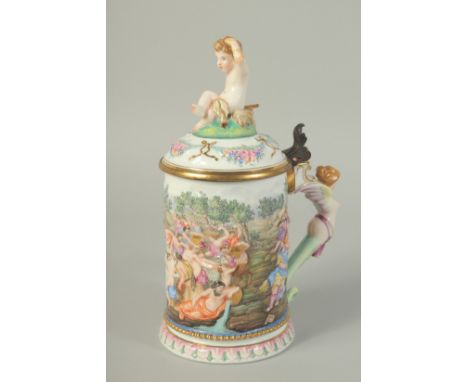 A GOOD CAPODIMONTE PORCELAIN LIDDED TANKARD, the lid with a cupid, the body with a classical scene with nudes. Mark in blue. 