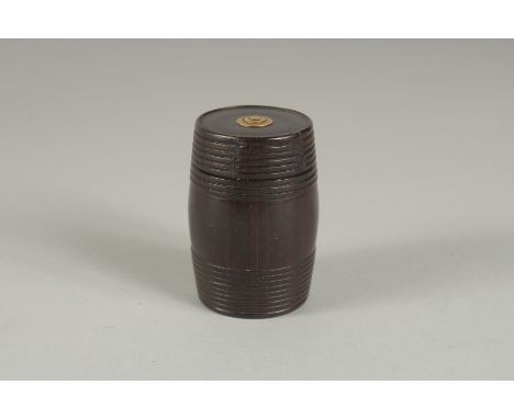 A SMALL TREEN BARREL SHAPED SNUFF BOX with gold spoon, on a chain. 2ins high.