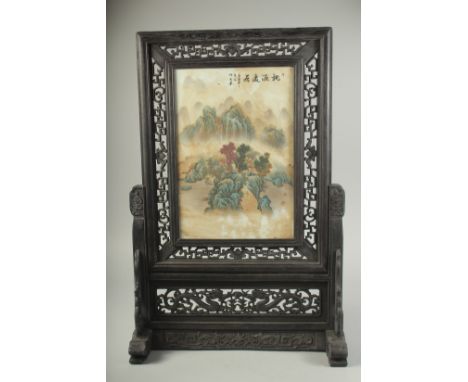 A CHINESE PORCELAIN SCREEN, Trees and Mountains. Signed. 13ins x 9ins in a wooden frame.