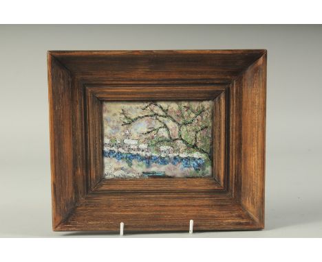 A FRAMED LIMOGES ENAMEL PICTURE. 3.5ins x 5ins.