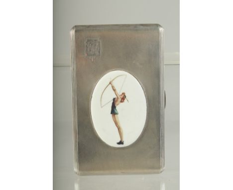 AN ENGINE TURNED SILVER CIGARETTE CASE. 14cms x 8cms. Birmingham 1939. Weight 245 grams. The lid with an oval glamour model.