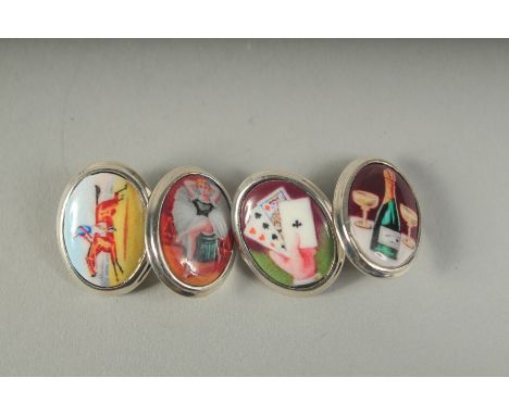 A GOOD SET OF SILVER AND ENAMEL FOUR VICES CUFFLINKS, boxed.
