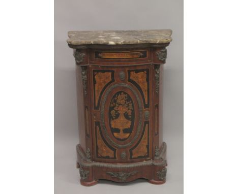 A FRENCH INLAID COMMODE with marble top and ormolu mounts. 3ft high x 2ft wide.