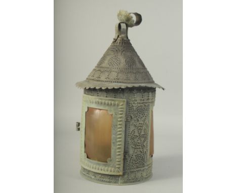 A RARE PUNCH WORK METAL CIRCULAR LANTERN. 19ins high.