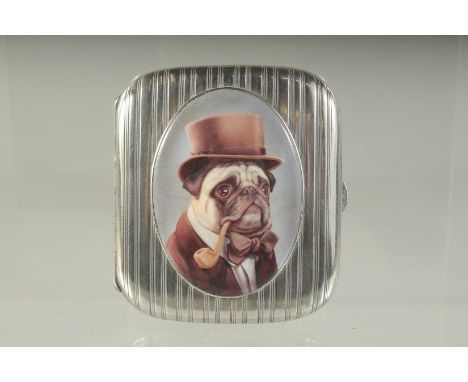 AN ENGINE TURNED SILVER CIGARETTE CASE. 7cms x 5cms. Birmingham 1934. Weight 50 grams. The lid with an oval enamel of a dog s