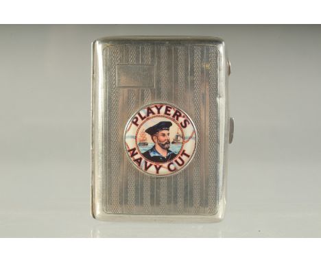 AN ENGINE TURNED SILVER CIGARETTE CASE. 7cms x 5cms. Birmingham 1934. Weight 50 grams. The lid with an enamel of Players Navy