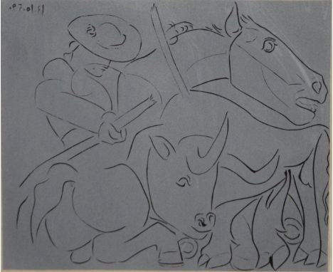 PABLO PICCASSO (Spanish), Bullfight, print, purchased from the Andipa Gallery, Walton Street, London, mounted only. 36 x 30.5
