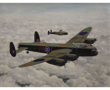 R E GAGE, Lancaster Bombers, oil on board, framed. 46.5 x 36 cm.