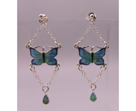 A pair of silver enamel butterfly earrings.  4.5 cm high. 