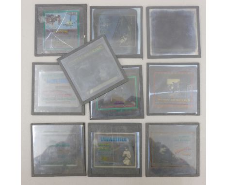 Ten magic lantern slides with film poster adverts, including Douglas Fairbanks, Mary Pickford, etc.