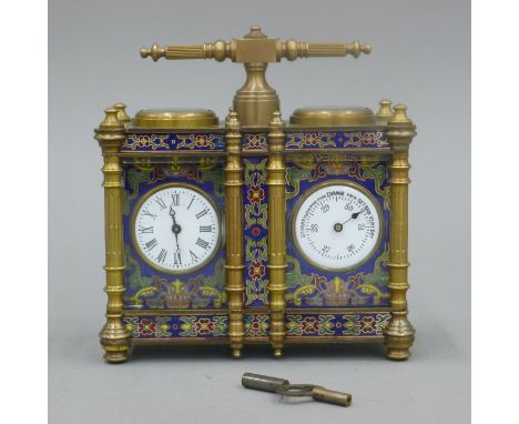 A double cloisonne carriage clock/barometer. 12.5 cm wide.