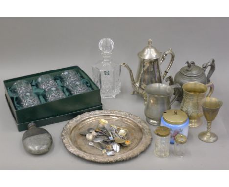 A quantity of silver plate, etc., including a spirit flask and a boxed set of Thomas Webb crystal glasses. 