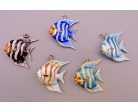 Five silver enamel fish pendants.  Approximately 2.5 cm high. 