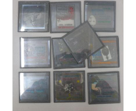 Ten magic lantern slides with film posters adverts including Lion Man, High Stakes, etc.