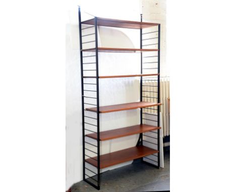 A BLACK POWDER COATED STEEL AND TEAK MODULAR SIX SHELF LADDER RACK SHELVING UNIT, 200CM H