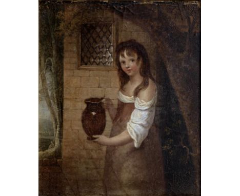 FOLLOWER OF GEORGE MORELAND - A RUSTIC GIRL HOLDING A PITCHER, OIL ON BOARD, 12CM X 10CM
