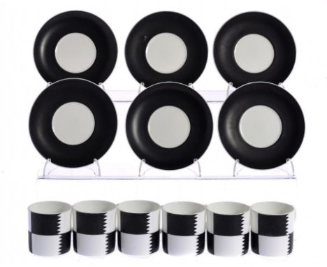 A SET OF SIX WEDGWOOD BONE CHINA HERALDRY-BLACK COFFEE CUPS AND SAUCERS DESIGNED BY SUSIE COOPER, C1968 saucers 14cm diam, pr