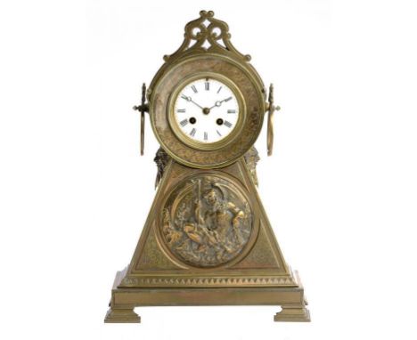 A FRENCH BRASS MANTLE CLOCK, C1890 the triangular base with a relief medallion of Father Time, the bell striking movement wit