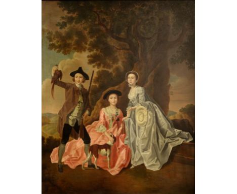 T.K. BROWN- GROUP PORTRAIT OF A SPORTSMAN AND TWO LADIES WITH A DOG IN A LANDSCAPE, OIL ON CANVAS, 125CM X 100CM