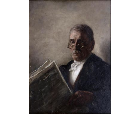 ENGLISH SCHOOL, EARLY 20TH CENTURY - PORTRAIT OF A GENTLEMAN, BUST LENGTH READING A NEWSPAPER, SIGNED *IDDING, OIL ON PANEL, 