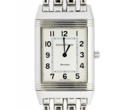 A JAEGER LECOULTRE STAINLESS STEEL QUARTZ REVERSO WRISTWATCH, MAKER'S BRACELET AND CLASP