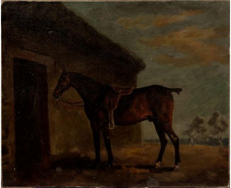 FOLLOWER OF GEORGE STUBBS - PORTRAIT OF A SADDLED HORSE, OIL ON CANVAS, 34.5CM X 42CM (UNFRAMED)